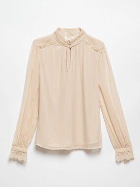 Haver & Blair Long Sleeve Chiffon Blouse With Lace Trim Cuffs Beige Size M